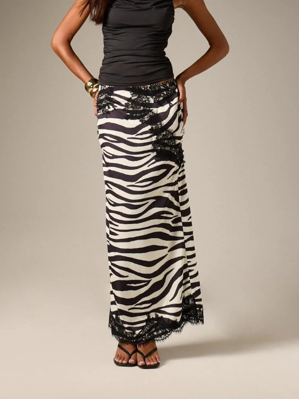 Multicolor Elegant Women's Zebra Print Maxi Skirt With Lace Trim